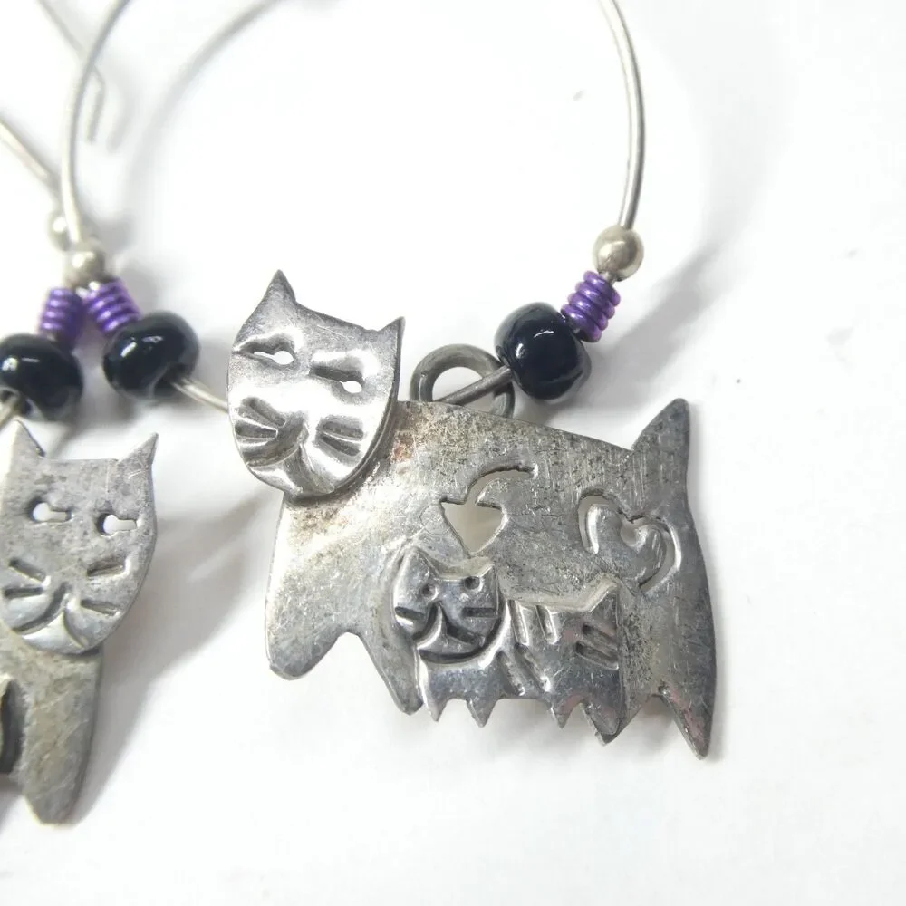 Far Fetched Cat Family Hoop Earrings 925 Sterling Silver
